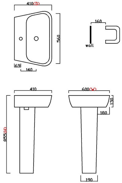 Technical image of Premier Ceramics Basin & Full Pedestal (1 Tap Hole, 600mm).