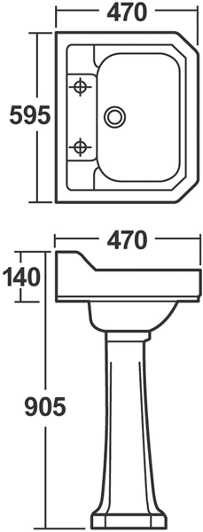 Technical image of Old London Richmond Traditional 600mm Basin & Pedestal (2 Tap Hole).