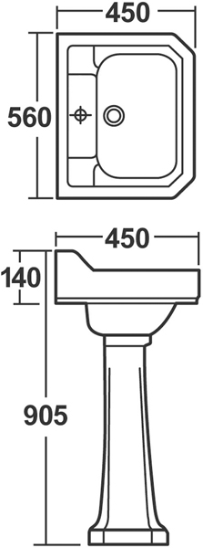 Technical image of Old London Richmond Traditional 560mm Basin & Pedestal (1 Tap Hole).