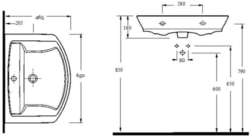 Technical image of Premier Ceramics Clara 650mm Basin & Full Pedestal.