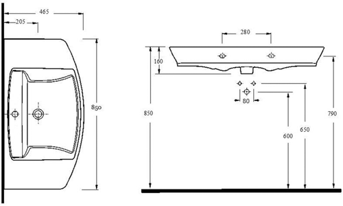 Technical image of Premier Ceramics Clara 850mm Basin & Full Pedestal.