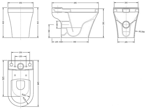 Technical image of Premier Marlow Semi Flush to Wall Toilet Pan With Cistern & Soft Close Seat.