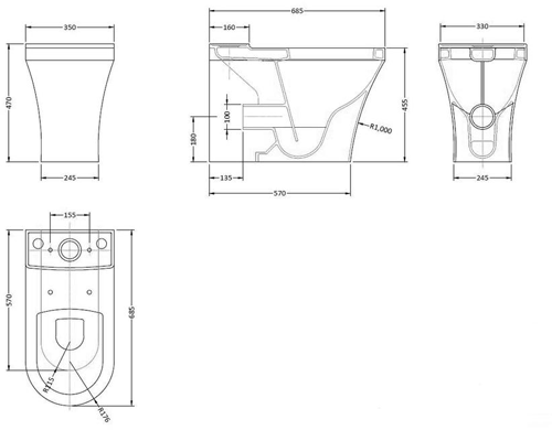 Technical image of Premier Marlow Comfort Height Flush to Wall Toilet Pan & Cistern.