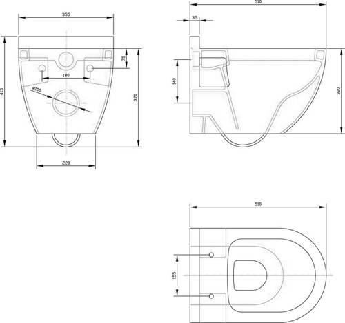 Technical image of Premier Marlow Round Wall Hung Toilet Pan.