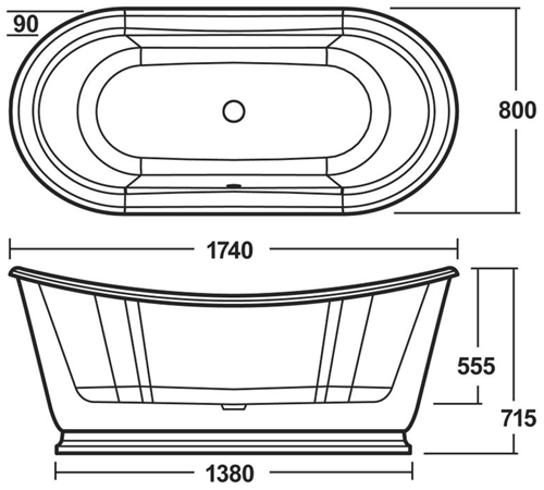 Technical image of Nuie Luxury Baths Greenwich Double Ended Freestanding Slipper Bath 1740x800mm.