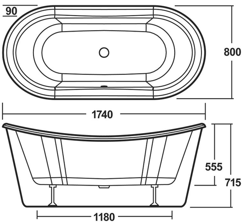 Technical image of Nuie Luxury Baths Lip Double Ended Freestanding Slipper Bath 1740x800mm.