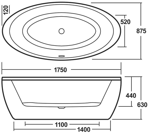 Technical image of Nuie Luxury Baths Pearl Oval Freestanding Bath 1750x875mm.