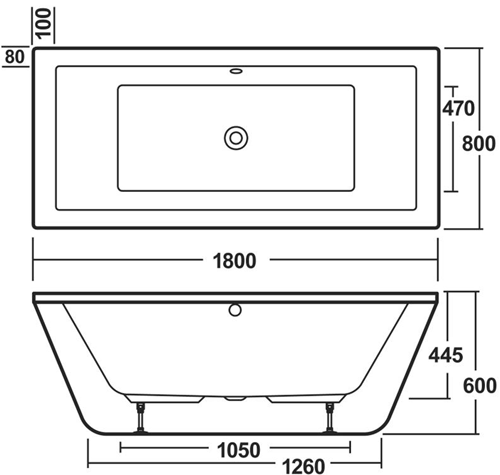 Technical image of Nuie Luxury Baths Trick Double Ended Freestanding Bath 1800x800mm.