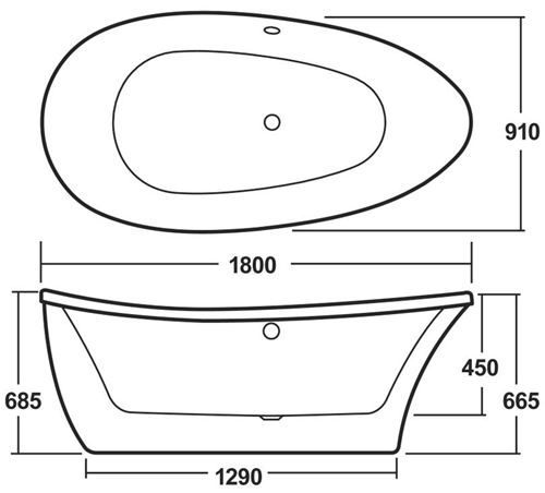 Technical image of Nuie Luxury Baths Drop Freestanding Bath 1800x910mm.