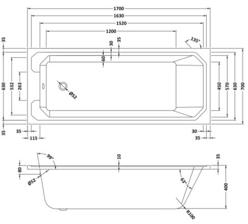 Technical image of Hudson Reed Baths Ascott Single Ended Bath 1700x700mm.