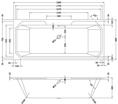 Technical image of Hudson Reed Baths Ascott Double Ended Bath 1800x800mm.