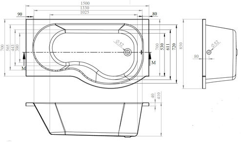 Technical image of Crown Baths P-Shape 1500mm Shower Bath Only (Right Handed).