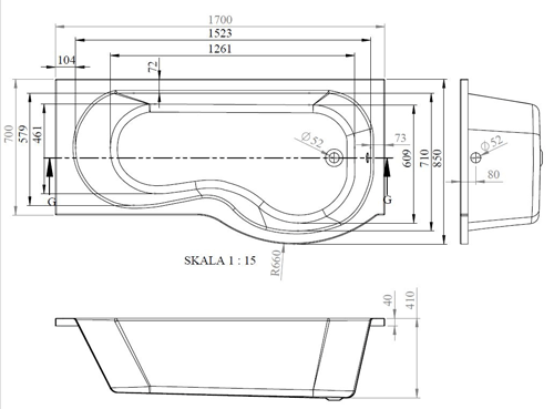 Technical image of Crown Baths P-Shape 1700mm Shower Bath Only (Right Handed).