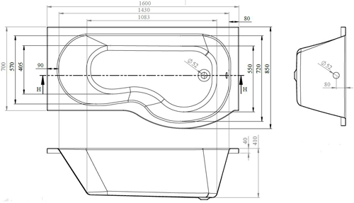 Technical image of Crown Baths P-Shape 1600mm Shower Bath Only (Left Handed).