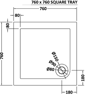 Technical image of Crown Trays Low Profile Square Shower Tray. 760x760x45mm.