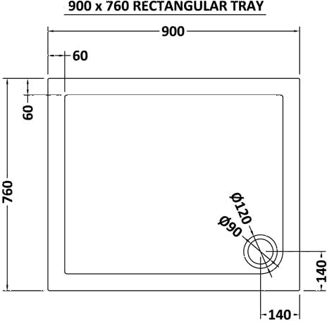 Technical image of Crown Trays Low Profile Rectangular Shower Tray. 900x760x40mm.