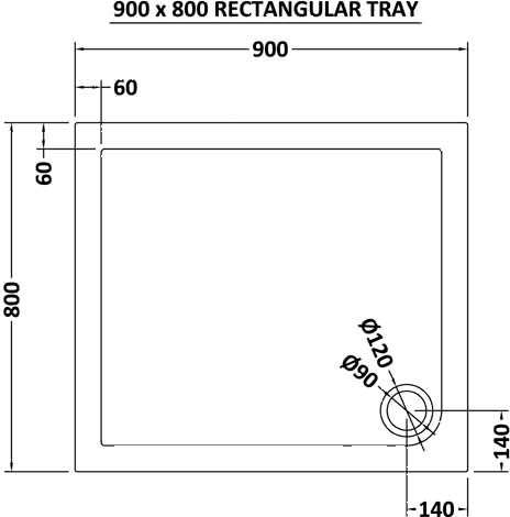 Technical image of Crown Trays Low Profile Rectangular Shower Tray. 900x800x40mm.