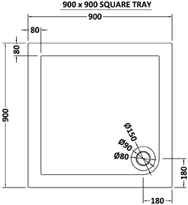 Technical image of Crown Trays Low Profile Square Shower Tray. 900x900x45mm.