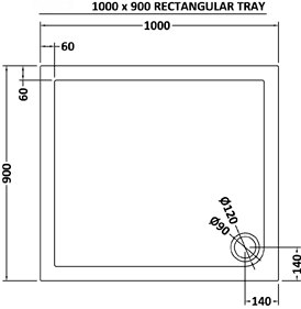Technical image of Crown Trays Low Profile Rectangular Shower Tray. 1000x900x40mm.