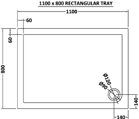 Technical image of Crown Trays Low Profile Rectangular Shower Tray. 1100x800x40mm.