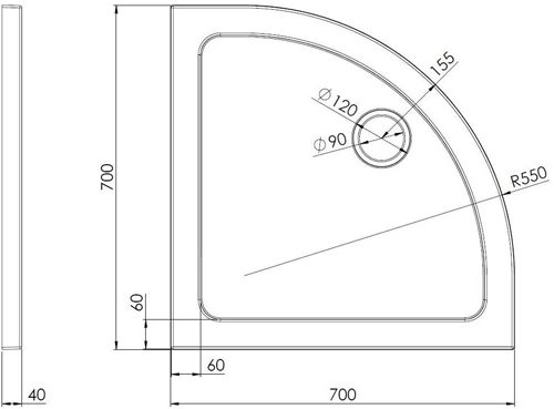 Technical image of Nuie Trays Quadrant Shower Tray 700x700mm (Gloss White).