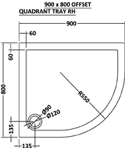 Technical image of Crown Trays Low Pro Offset Quad Shower Tray. 900x800x40. Right Handed.