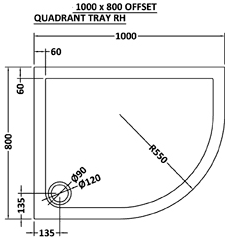 Technical image of Crown Trays Low Pro Offset Quad Shower Tray. 1000x800x40. Right Hand.