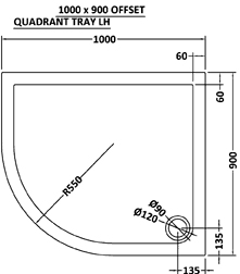 Technical image of Crown Trays Low Pro Offset Quad Shower Tray. 1000x900x40. Left Handed.