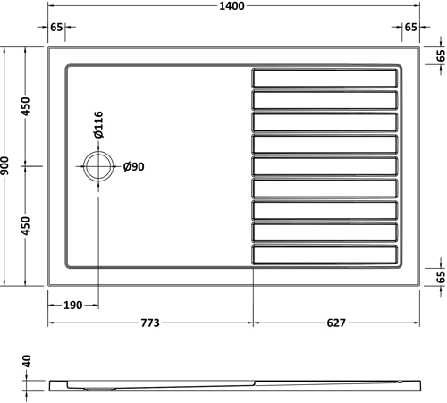 Technical image of Crown Trays Wetroom Rectangular Shower Tray 1400x900mm (Gloss White).