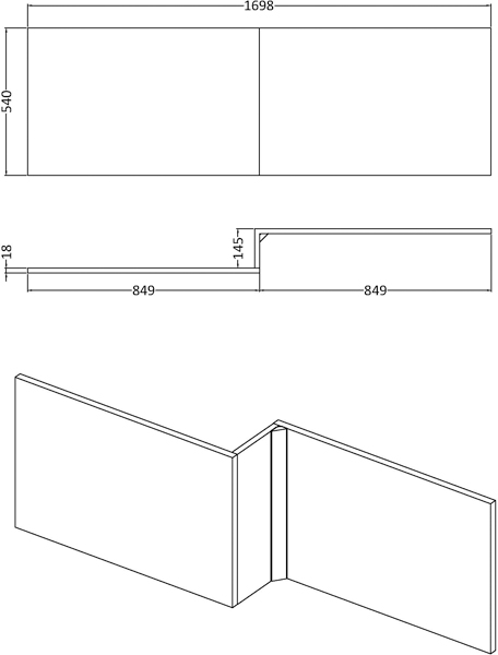 Technical image of Hudson Reed Baths 1700mm Front Square Shower Bath Panel (White).