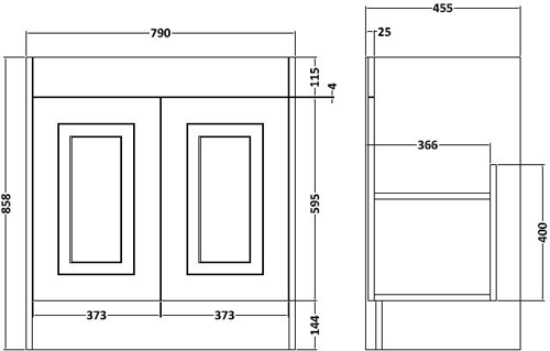 Technical image of Old London York Vanity Unit & Ceramic Basin 800mm (White).