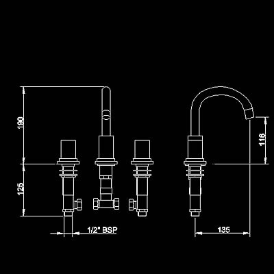 Technical image of Hudson Reed Astbury 3 tap hole bath mixer with swivel spout