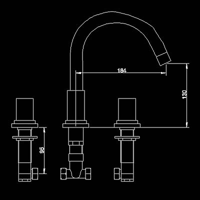 Technical image of Hudson Reed Astbury 3 tap hole basin mixer with swivel spout + pop up waste