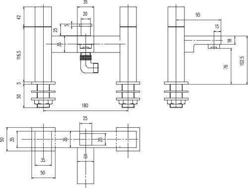 Technical image of Hudson Reed Kubix Bath Shower Mixer With Shower Kit And Wall Bracket.