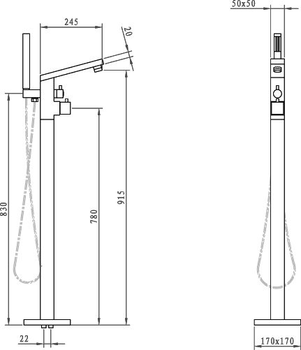 Technical image of Hudson Reed Kubix Freestanding Thermostatic Bath Shower Mixer Tap.