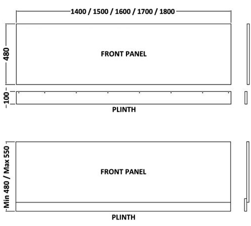 Technical image of Hudson Reed Memoir Side & End Bath Panel Pack (Gloss White, 1500x700).