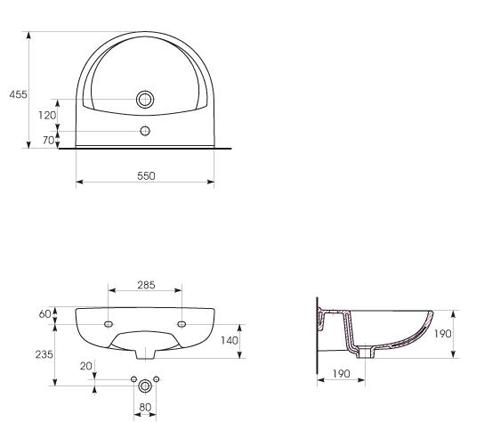 Technical image of Premier Pandora Suite With Toilet, 550mm Basin & Full Pedestal (1TH).