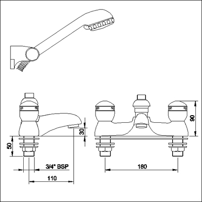 Technical image of Ultra Contour 3/4" Bath shower mixer (chrome/gold, standard valves)