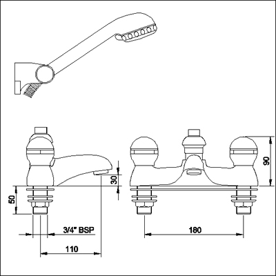 Technical image of Jupiter 3/4" Bath shower mixer including kit (standard valves)