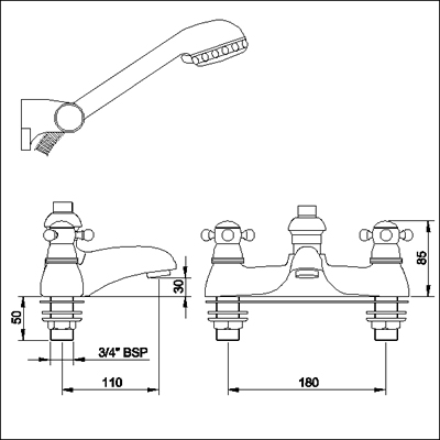 Technical image of Monet 3/4" Bath shower mixer including kit (standard valves)