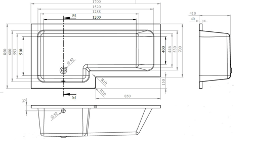 Technical image of Nuie Luxury Baths Square Shower Bath With Panels & Screen (LH).