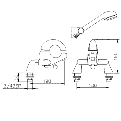 Technical image of Ultra Hola Single lever deck mounted bath shower mixer