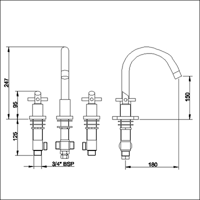 Technical image of Ultra Helix X head 3 Tap hole deck mounted bath filler with small swivel spout.