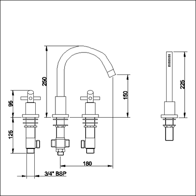 Technical image of Ultra Aspect 4 Tap hole bath shower mixer with small swivel spout.