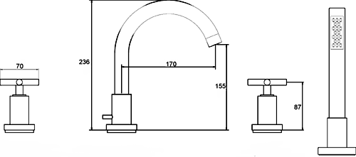 Technical image of Ultra Helix X head 4 Tap hole bath shower mixer with small swivel spout.