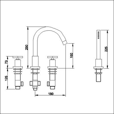 Technical image of Ultra Isla 4 Tap hole bath shower mixer with small swivel spout.