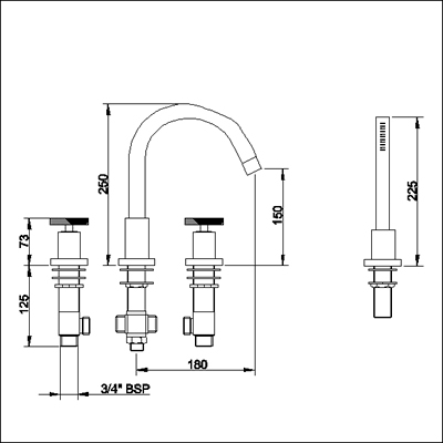 Technical image of Ultra Reno 4 Tap hole bath shower mixer with small swivel spout.