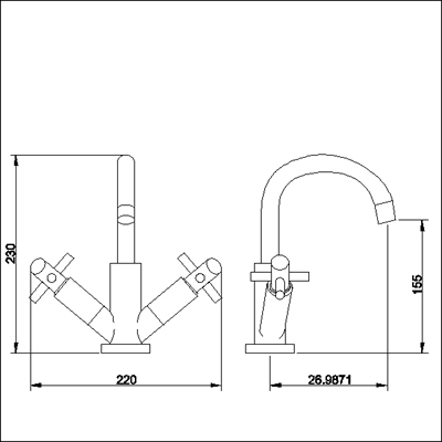 Technical image of Ultra Scope Mono basin mixer with small spout and pop up waste.