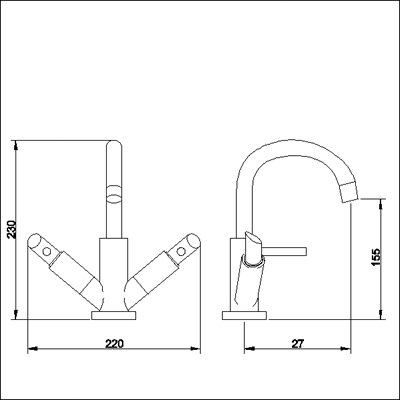 Technical image of Ultra Scene Mono basin mixer with small spout and pop up waste.