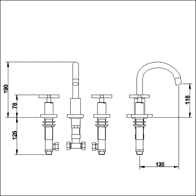 Technical image of Ultra Helix X head 3 Tap hole basin mixer with small spout and pop up waste.